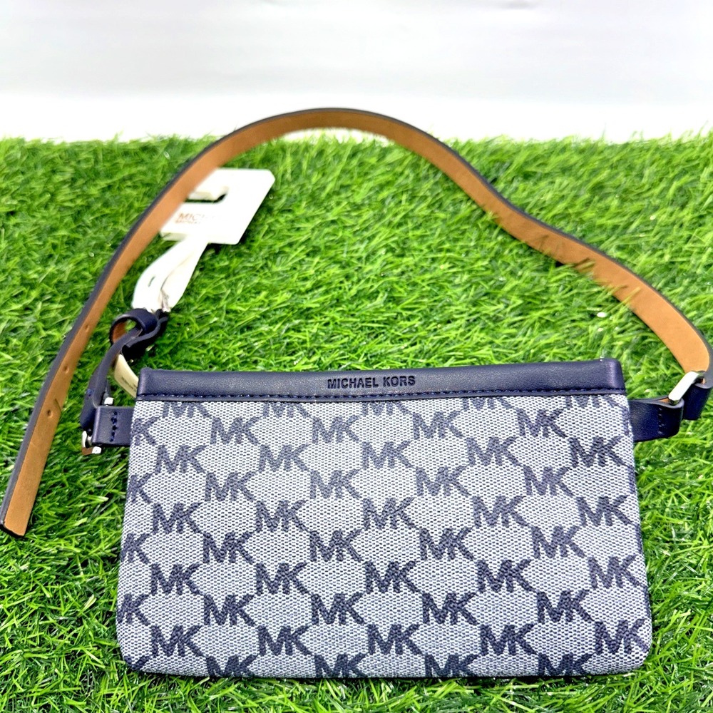 Michael Kors MK Belt Bag Waist Pack Gray Monogram Canvas Leather Trim NWT Medium
